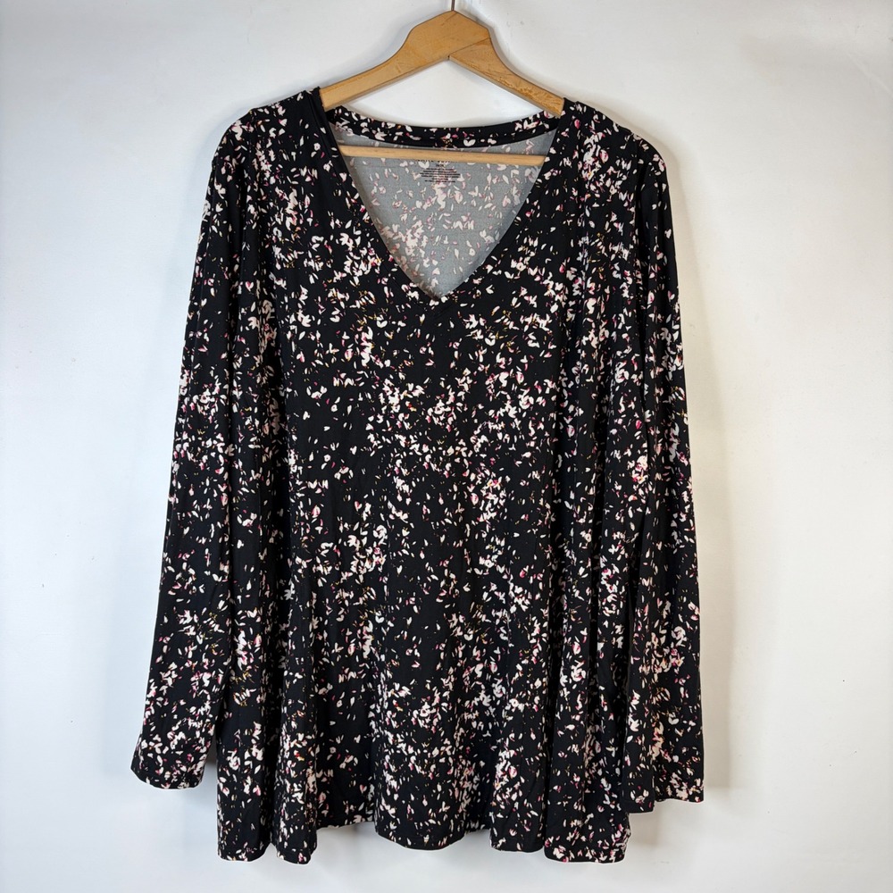Lane Bryant Tunic Top Women 26/28 Black Pink Floral V-Neck Long Sleeve Stretch